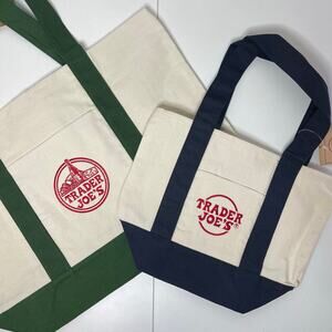 LOT Set of 2 — Trader Joe’s Canvas Tote Bags Full Size GREEN + Mini BLUE — NWT!!